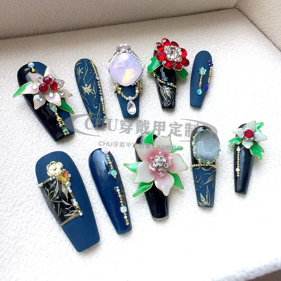 chu nail原创设计掐丝珐琅中国风国风汉服素色优雅纯手工穿戴甲