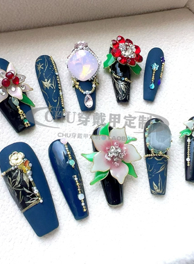 chu nail原创设计掐丝珐琅中国风国风汉服素色优雅纯手工穿戴甲