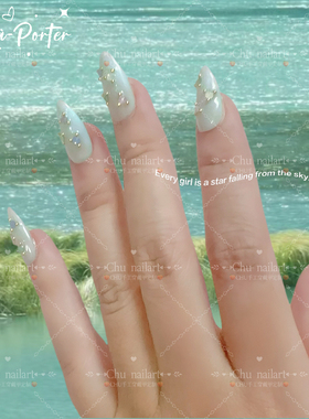 chuNailArt薄荷曼波奶玻璃纯欲夏季清冷钻石手工穿戴甲美甲定制