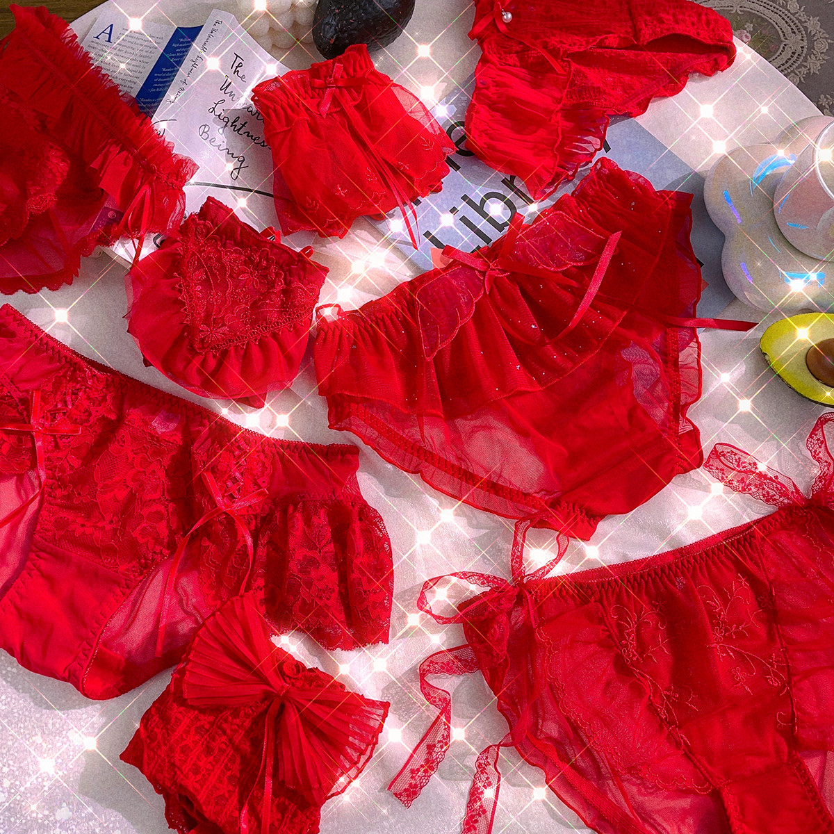 红色透明网纱性感中低腰蕾丝内裤