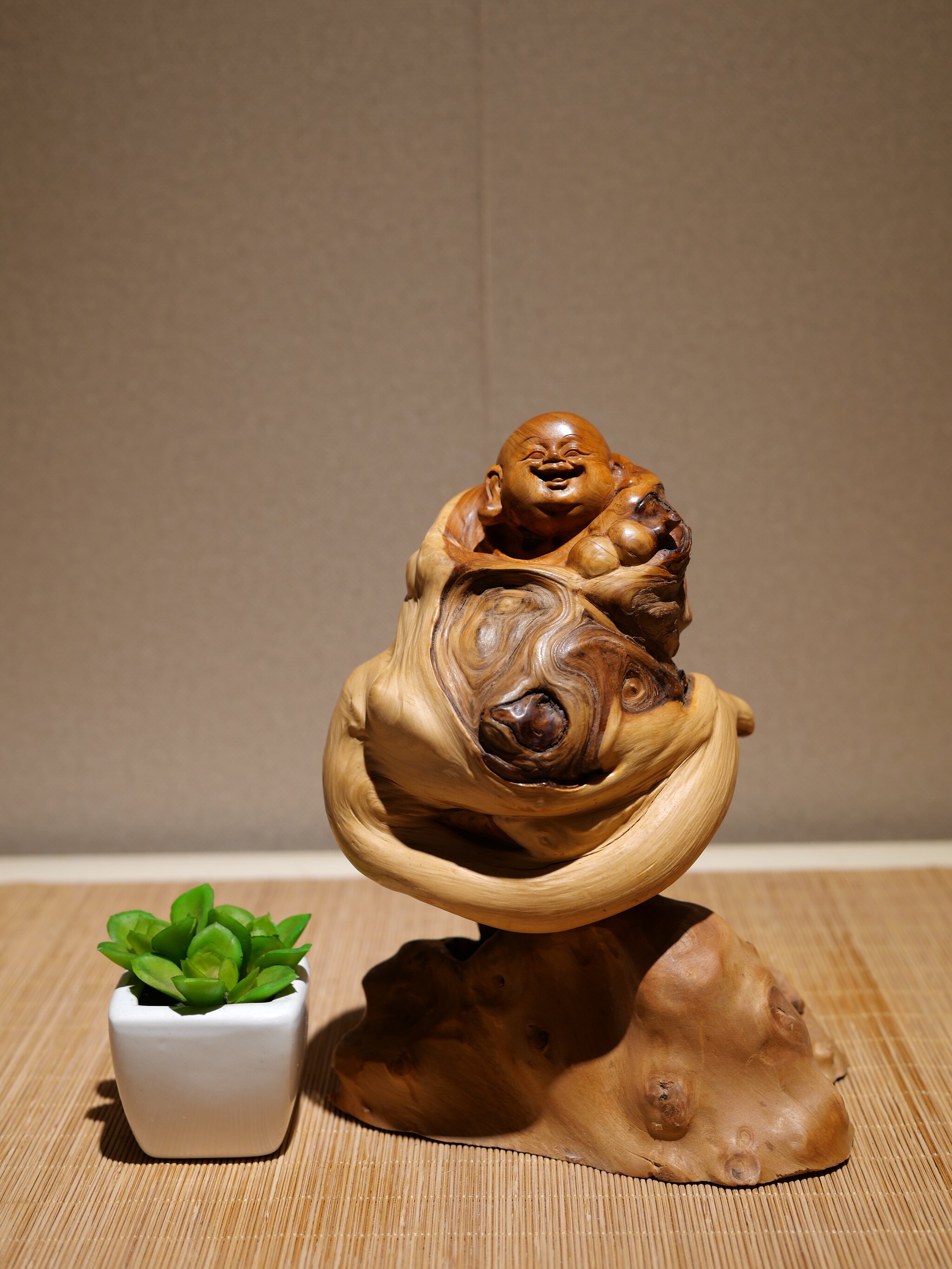 太行崖柏弥勒坨坨料虎皮纹天眼纹理禅定双色书房客厅玄关禅意摆件