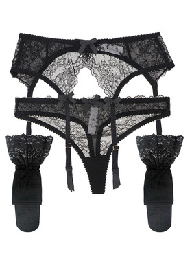 Varsbaby 性感蕾丝吊袜带超薄 蝴蝶结吊袜夹3件套内裤丝袜