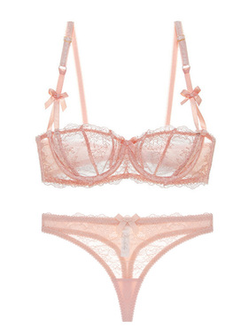 Varsbaby 性感内衣半杯蕾丝超薄文胸套装蝴蝶结配丁字裤女