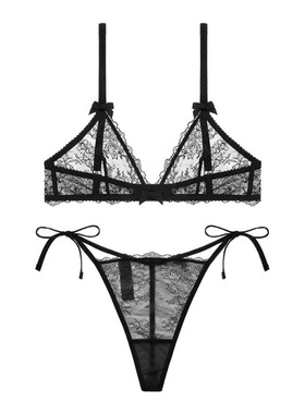 Varsbaby 性感舒适蕾丝无钢圈三角杯薄款文胸丁字裤小胸套装