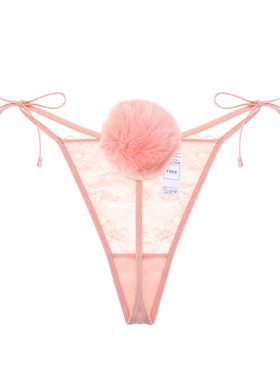 兔子尾巴丁字裤系带超薄毛球女内裤性感纯欲蕾丝低腰情趣诱惑T裤