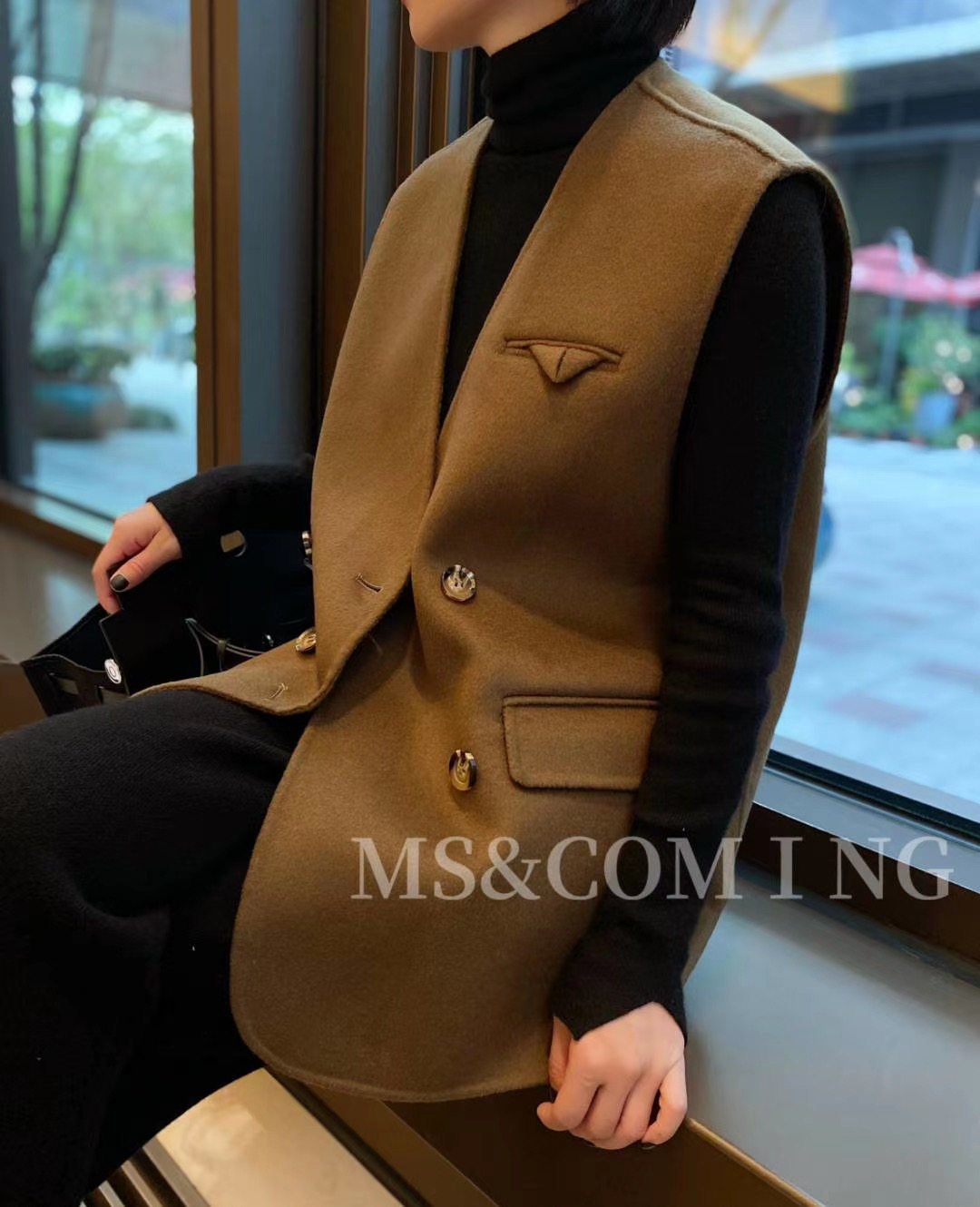 欧货2022春秋新款双排扣西装马甲女双面羊绒短款毛呢无袖外套马夹