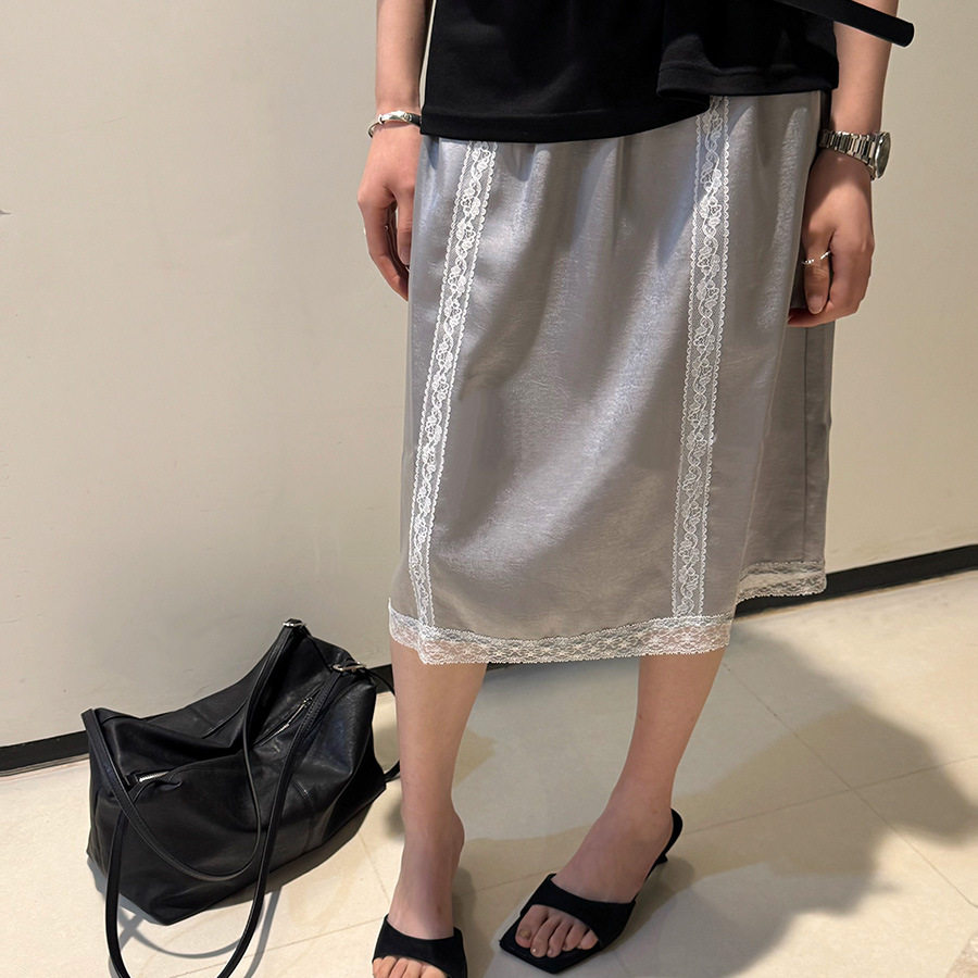 黎诺春夏新款韩系蕾丝拼接半身裙女2026时尚气质通勤松紧腰中裙子