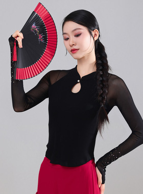 黑色舞蹈上衣气质古典舞服修身拼接纱袖现代舞民族舞服装练功服女