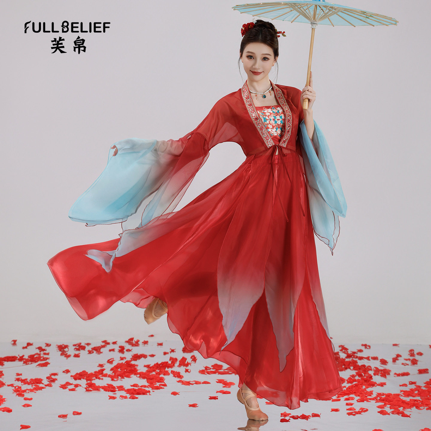 红色古典舞蹈服装飘逸演出服多片渐变长款纱衣古风上衣表演练功服