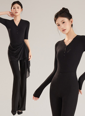 形体走秀训练服装女棉质黑色弹力优雅练功服现代舞连档连体服上衣