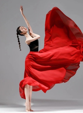 720度双层大摆裙红色垂感雪纺沙滩裙跳舞长裙练功服新疆舞演出服