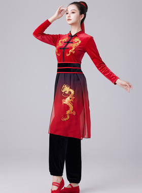 古典舞演出服广场舞秋冬秧歌打鼓服女新款金丝绒舞狮表演服腰鼓服