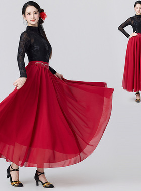 红黑色古典舞舞蹈服新款蕾丝雪纺长裙跳舞540大摆舞蹈裙新疆舞
