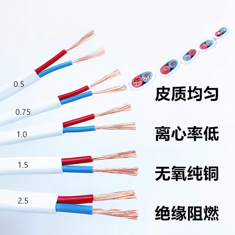 软护套线国标二芯双芯纯铜RVV2x0.5/0.75/1.5/2.5平方多股软电线