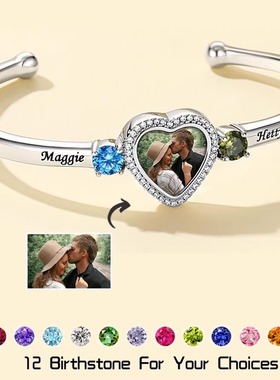 可以放照片手镯定制DIY12月生辰石手镯刻名字女生手饰母亲节礼物