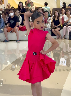 YG工厂少儿拉丁舞比赛规定服前高后V欧标锦纶高档无鱼骨坎肩考级