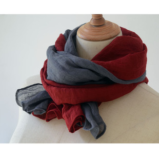 文艺日系酒红拼色棉麻围巾 柔软细腻亲肤空调护颈出游防晒披肩围