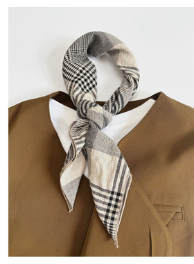 25年新款日系文艺交织格子纯棉小方巾女春秋百搭情侣学生护颈丝巾