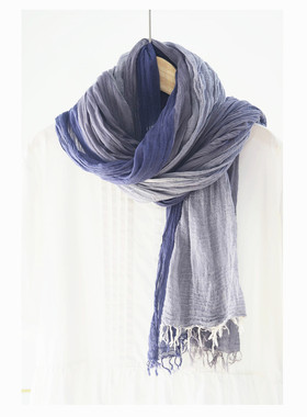 日系文艺蓝灰色拼色春秋纯棉围巾 不起球无静电男女长款披肩两用