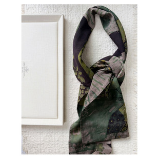 春秋咖绿拼接油画印花双层棉质围巾飘带  男女复古文艺长条小围巾