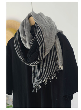复古文艺长款黑灰色拼色纯棉薄围巾 气质春夏大尺寸防晒披肩纱巾