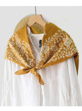 全棉黄色碎花90大方巾 全棉薄款防晒护颈椎保暖防冷气披肩纱巾女