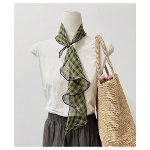 经典格纹复古亚麻三角巾文艺护颈百搭氛围感领巾叠穿屁帘护颈围巾