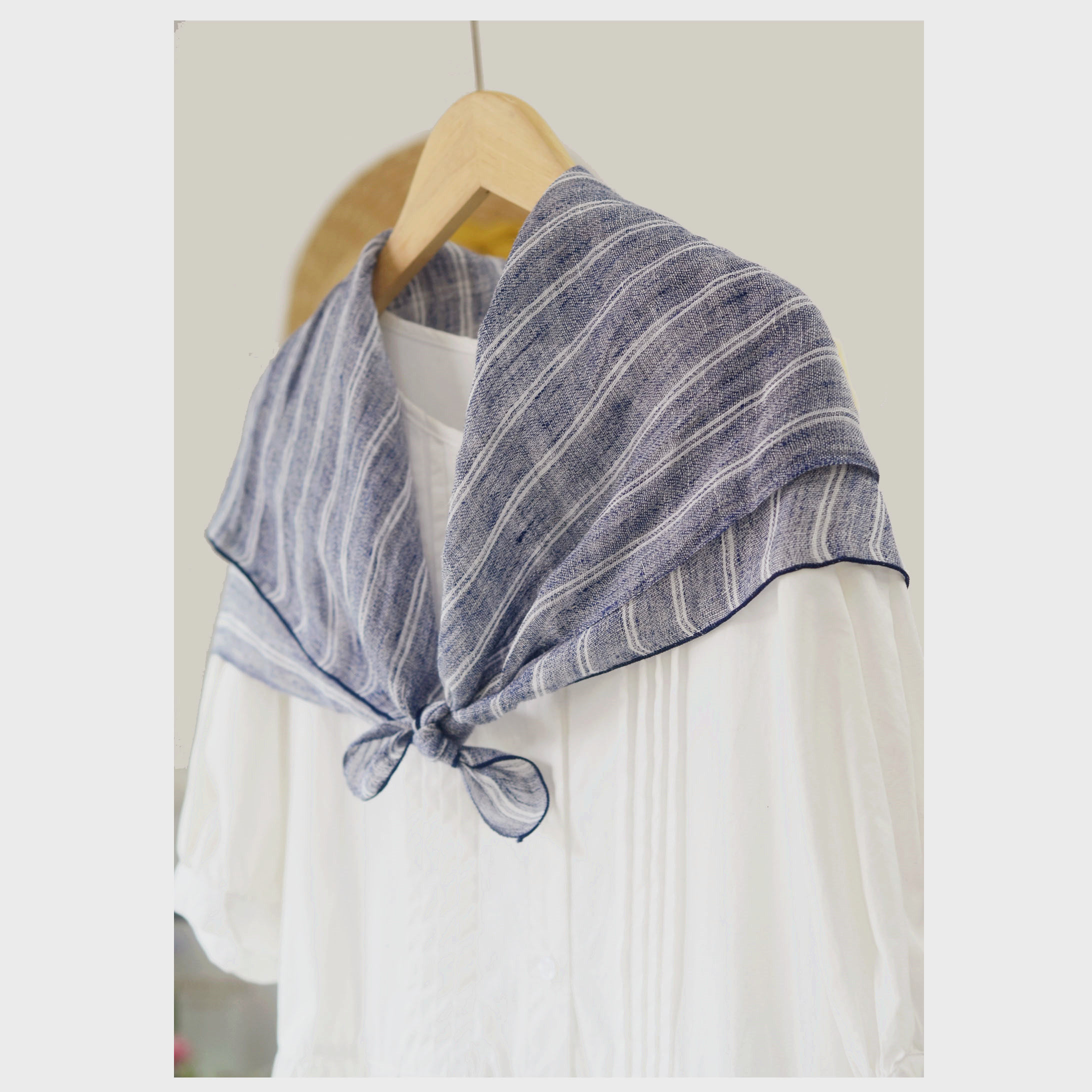 日系复古文艺100%亚麻条纹方巾女丝巾春夏护颈防晒蓝灰色披肩丝巾