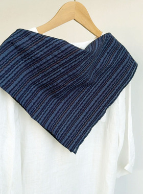 复古藏蓝色深蓝色肌理褶皱条纹方巾女夏季百搭文艺薄款护颈丝巾男