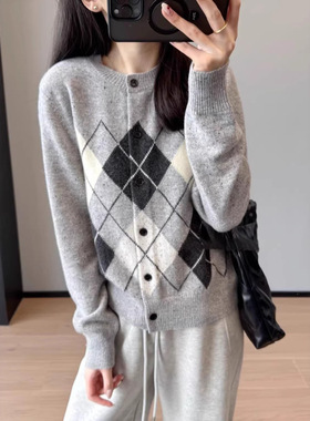 菱形格提花~100%花纱羊毛宽松慵懒显瘦针织开衫毛衣冬25女H011902