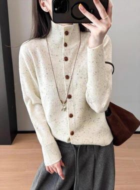 复古松弛~100羊毛点子纱半高领针织开衫短款毛衣女25秋冬G110203