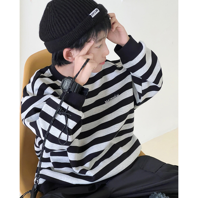 秋冬男童条纹卫衣加绒加厚儿童冬