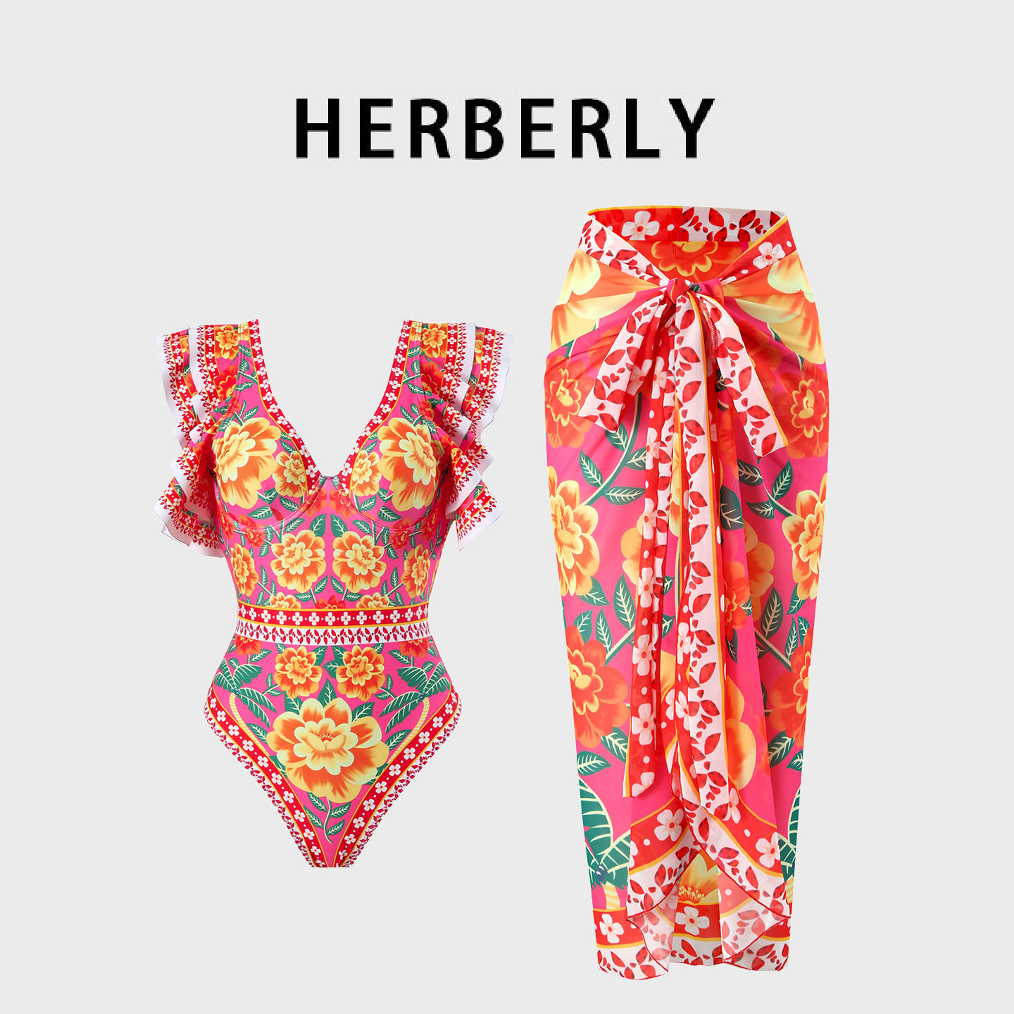 HERBERRY泳装欧美复古V领荷叶边印花比基尼温泉度假裙式连体泳衣