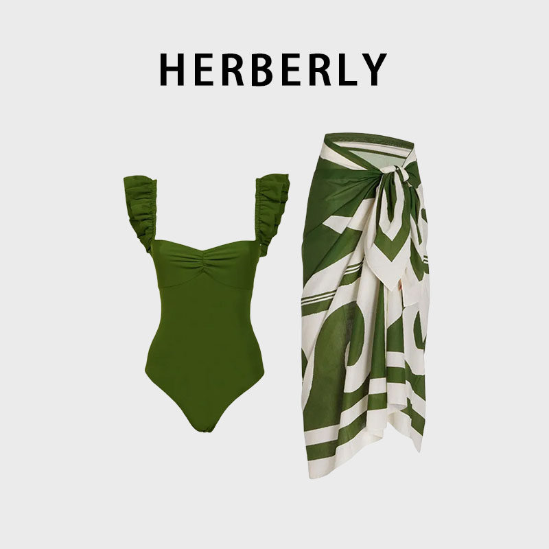 HERBERRY泳装女高级法式复古显瘦遮肚裙式连体泳衣性感露背度假风