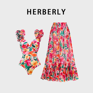 HERBERRY泳装女复古印花连体衣套装V领性感露背沙滩度假裙式泳衣