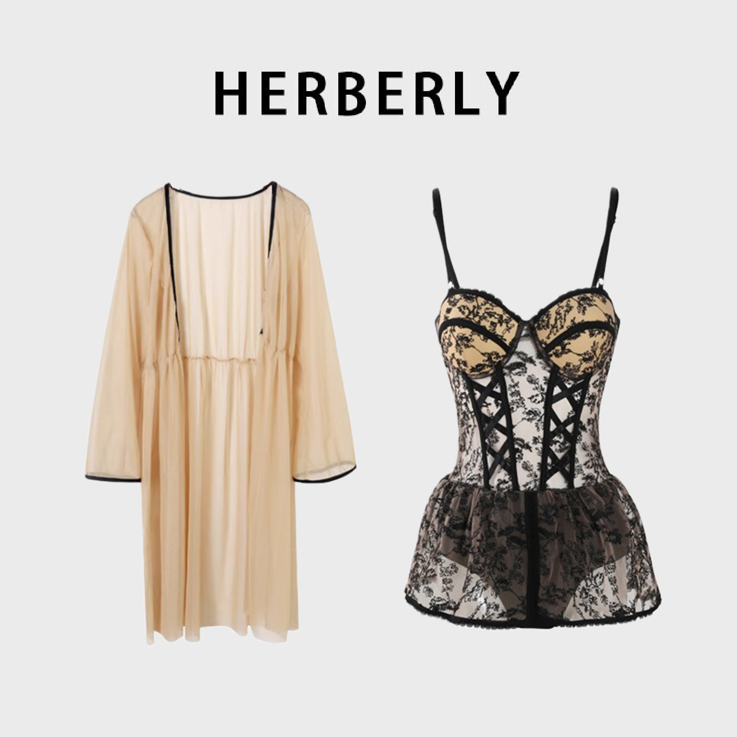 HERBERRY泳装法式复古小胸聚拢吊带纯欲风长袖防晒裙式连体游泳衣