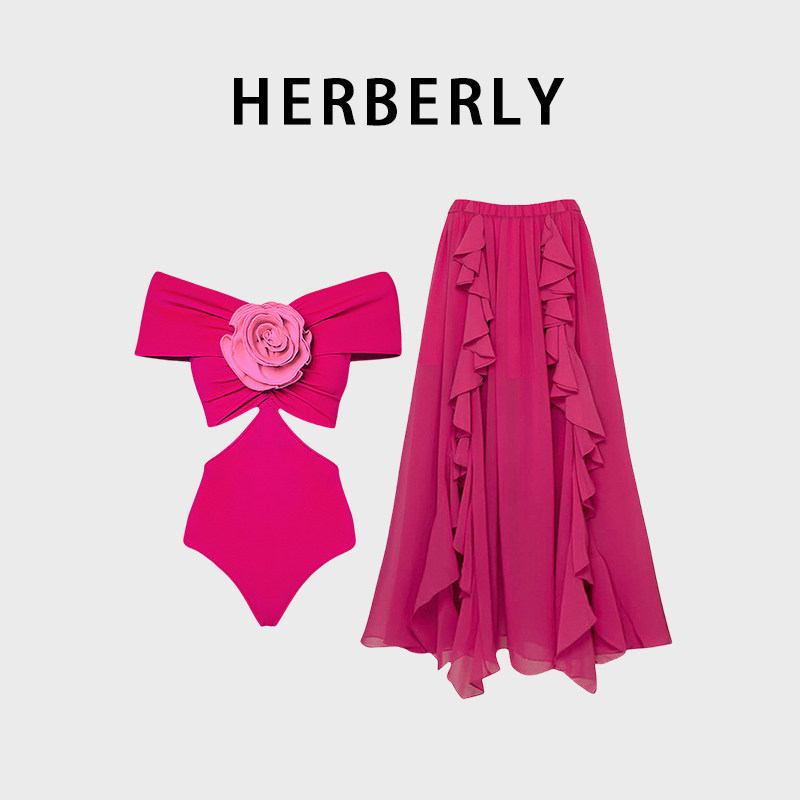 HERBERRY泳装女法式复古立体花朵连体长裙三亚海边温泉连体游泳衣