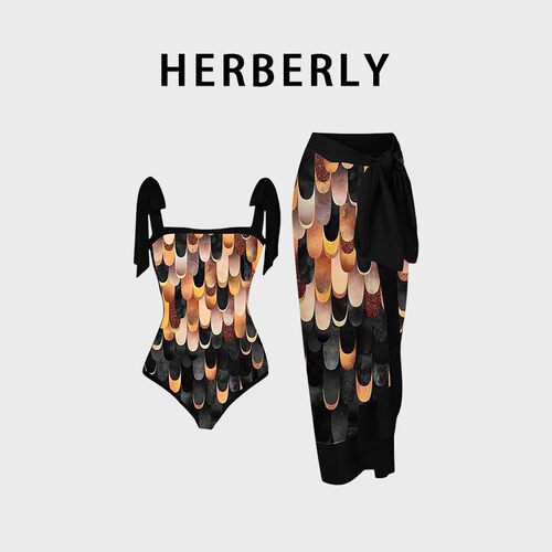 HERBERRY泳装性感V领印花洋气连体裙式泳衣套装渐变三亚温泉度假