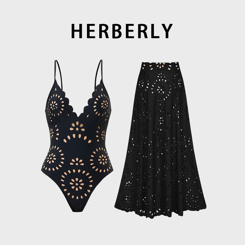 HERBERRY泳装黑色性感深V吊带比基尼沙滩泡温泉度假连体泳衣长裙