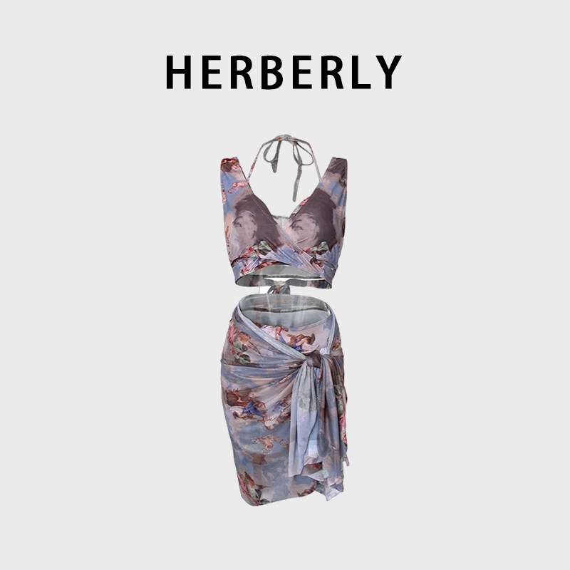 HERBERRY泳装情侣水上乐园钢托聚拢印花比基尼海边度假连体游泳衣