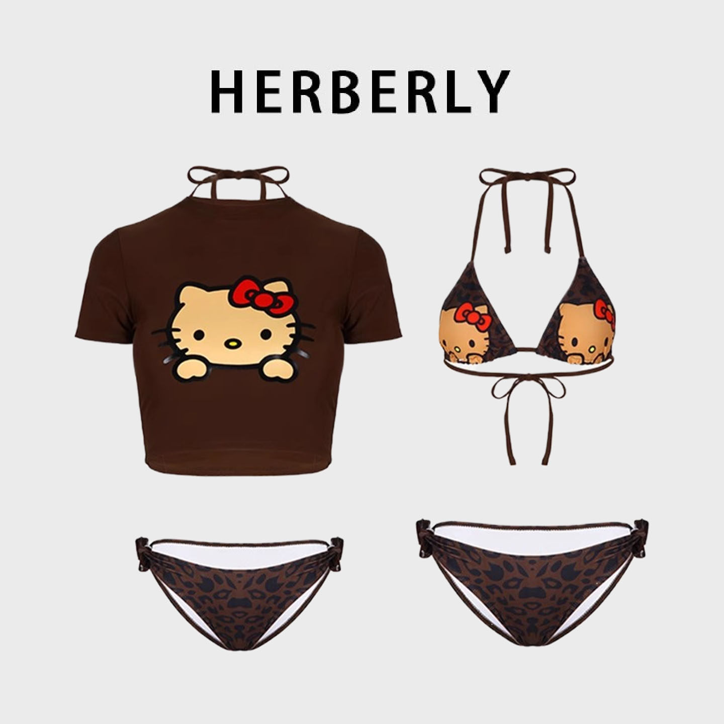 HERBERRY泳装辣妹豹纹显瘦性感比基尼三件套卡通温泉度假分体泳衣