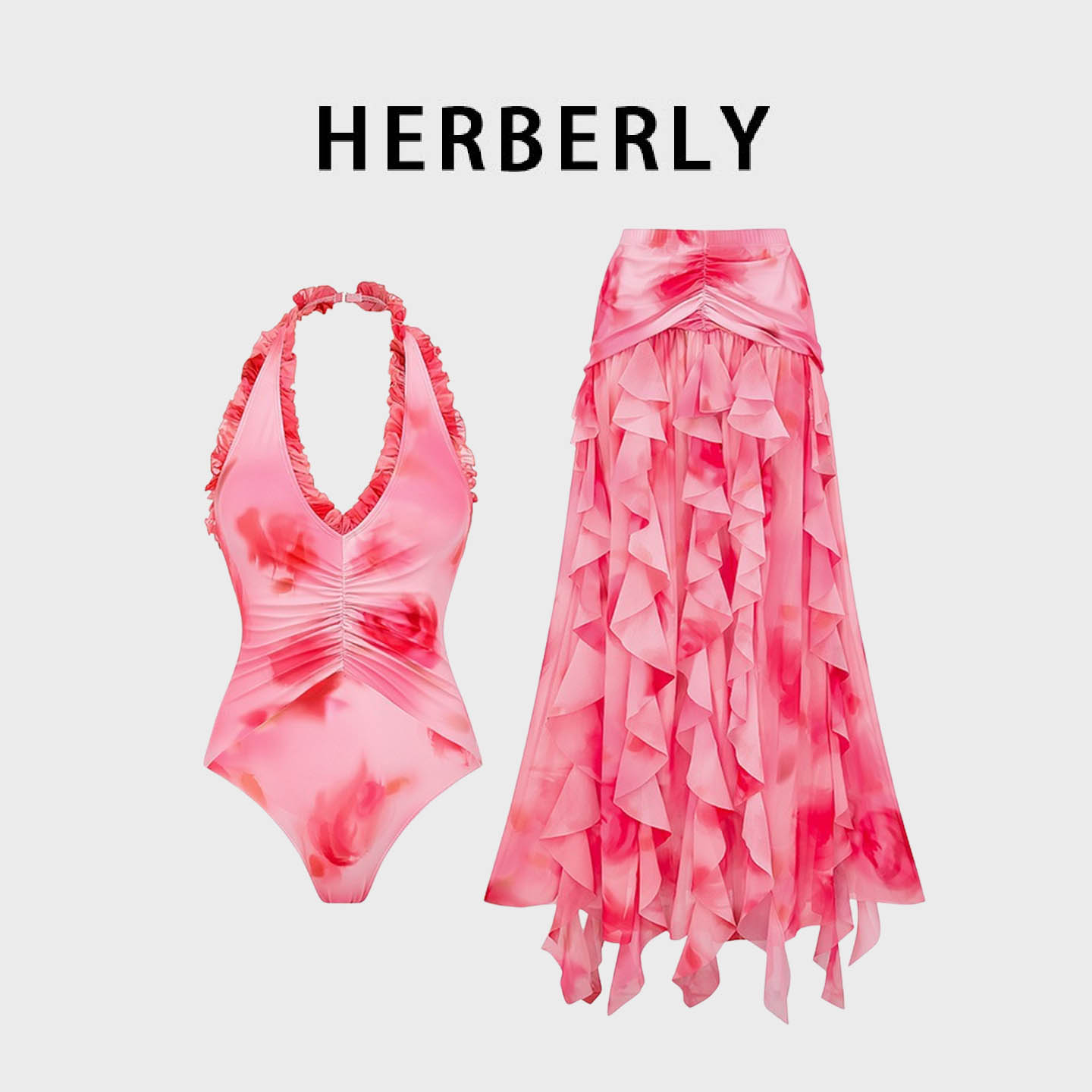 HERBERRY泳装高级纯欲深V性感挂脖露背温泉度假印花连体泳衣长裙