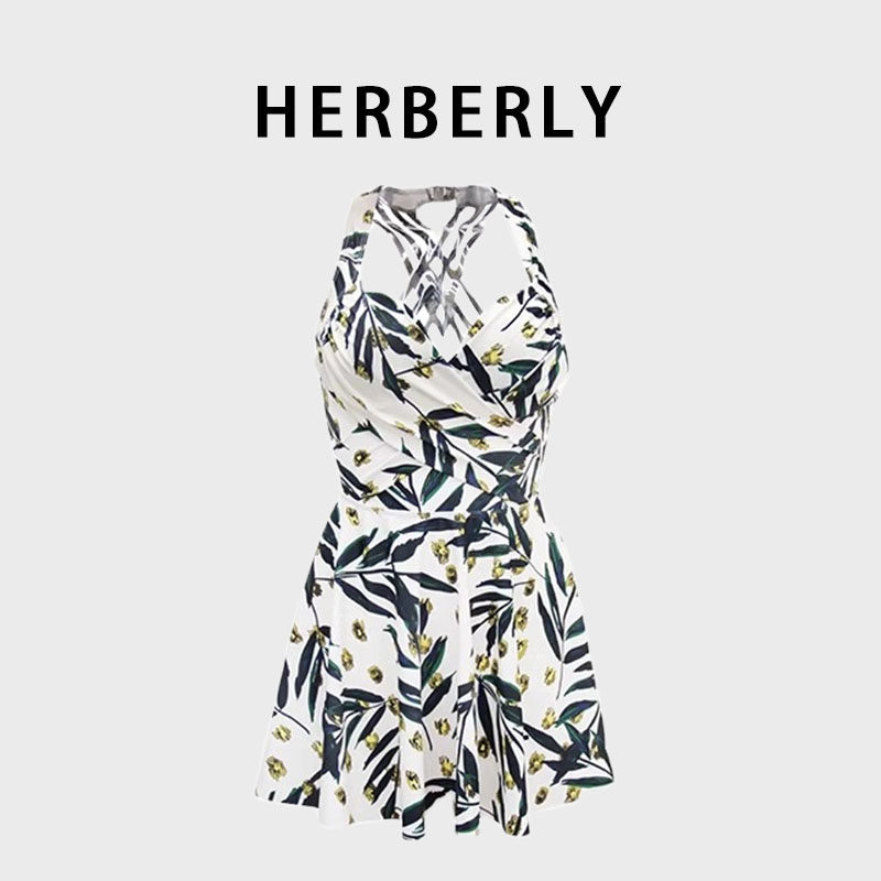 HERBERRY泳装高级显瘦性感连体裙式小胸聚拢泡温泉度假保守游泳衣