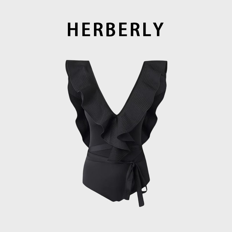 HERBERRY泳装女黑色高级性感纯欲风裙式连体泳装露背温泉度假泳衣