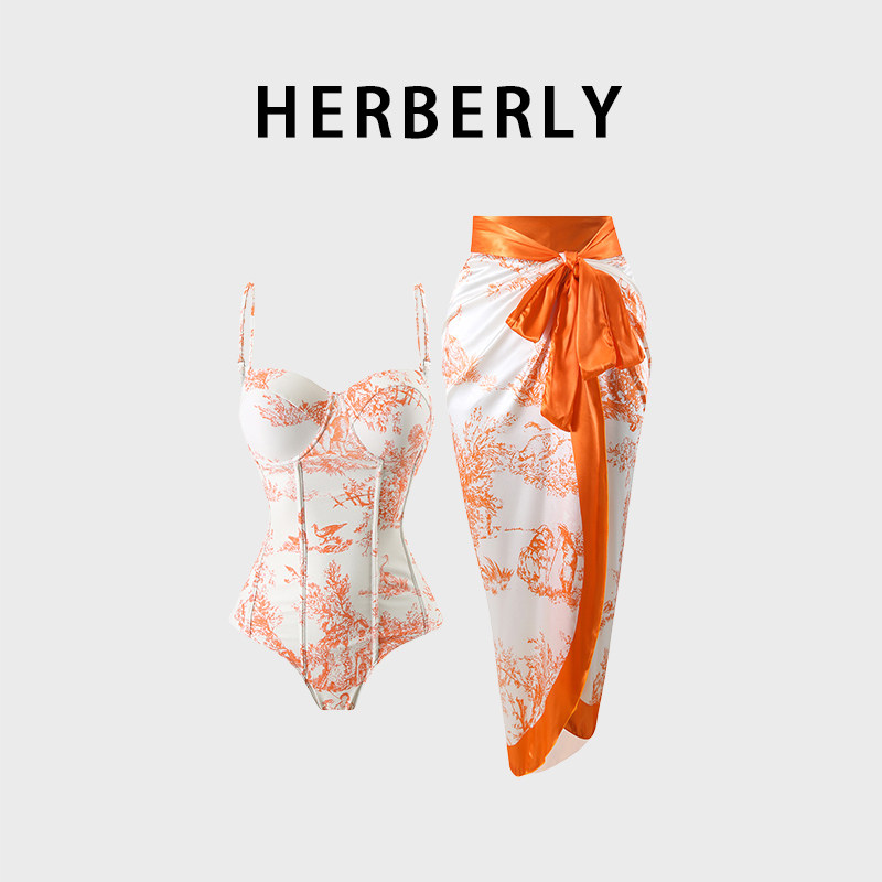 HERBERRY泳装法式复古印花大胸钢托比基尼泡温泉度假裙式连体泳衣