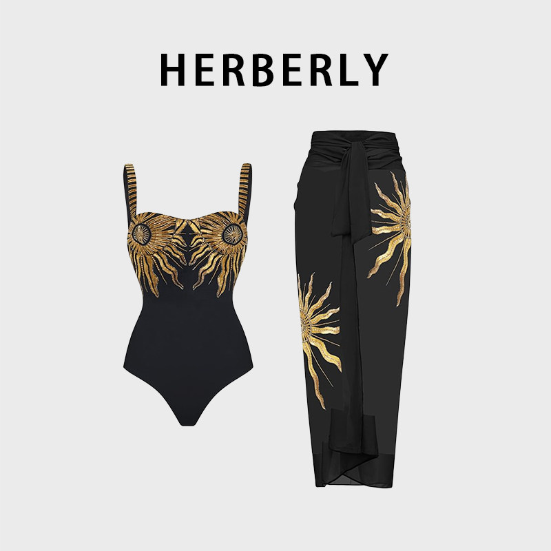 HERBERRY泳装女夏季黑色高级纯欲风三角连体泳衣沙滩温泉度假套装