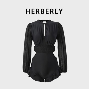 HERBERRY泳装高级保守显瘦遮肚比基尼长袖防晒镂空度假连体游泳衣