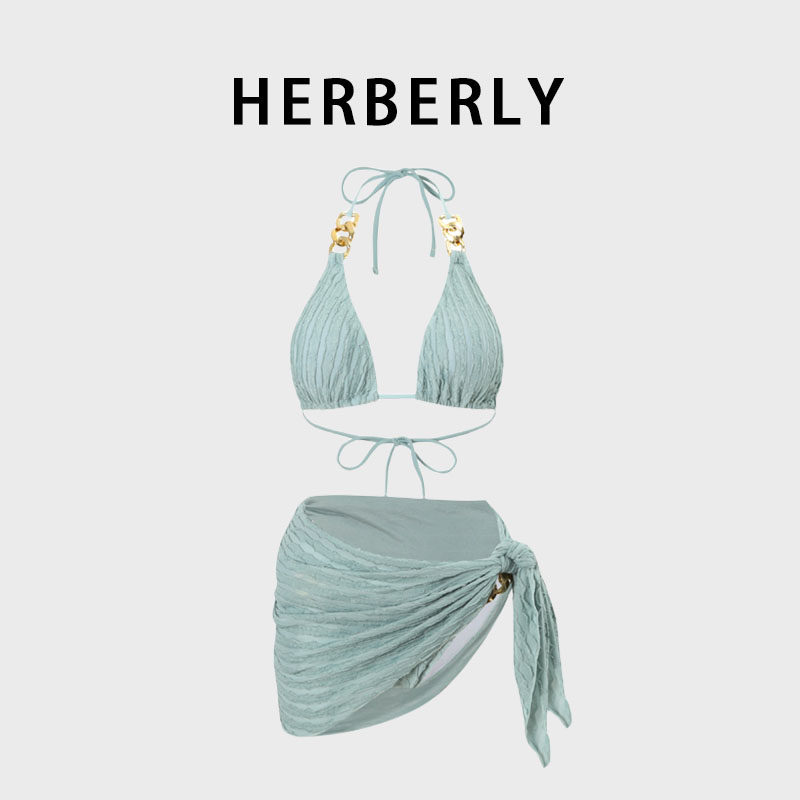HERBERRY泳装纯欲风小胸绑带聚拢比基尼泡温泉分体泳衣裹裙三件套