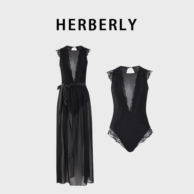 HERBERRY泳装女欧美深V性感开叉遮肚显瘦蕾丝围裙式度假连体泳衣