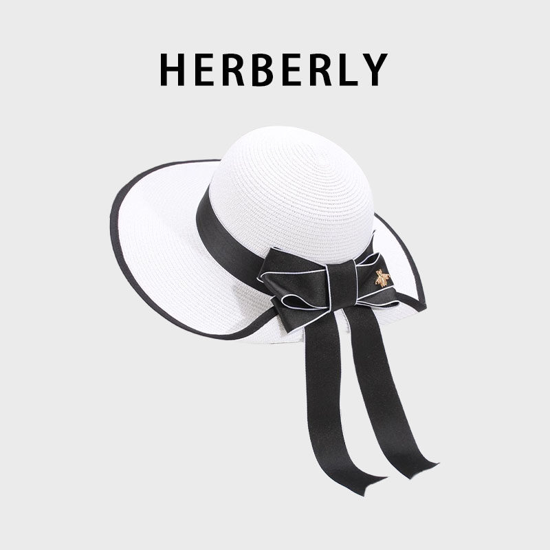 HERBERRY法式夏季海边度假大帽檐防晒遮阳帽小香风蝴蝶结草帽子